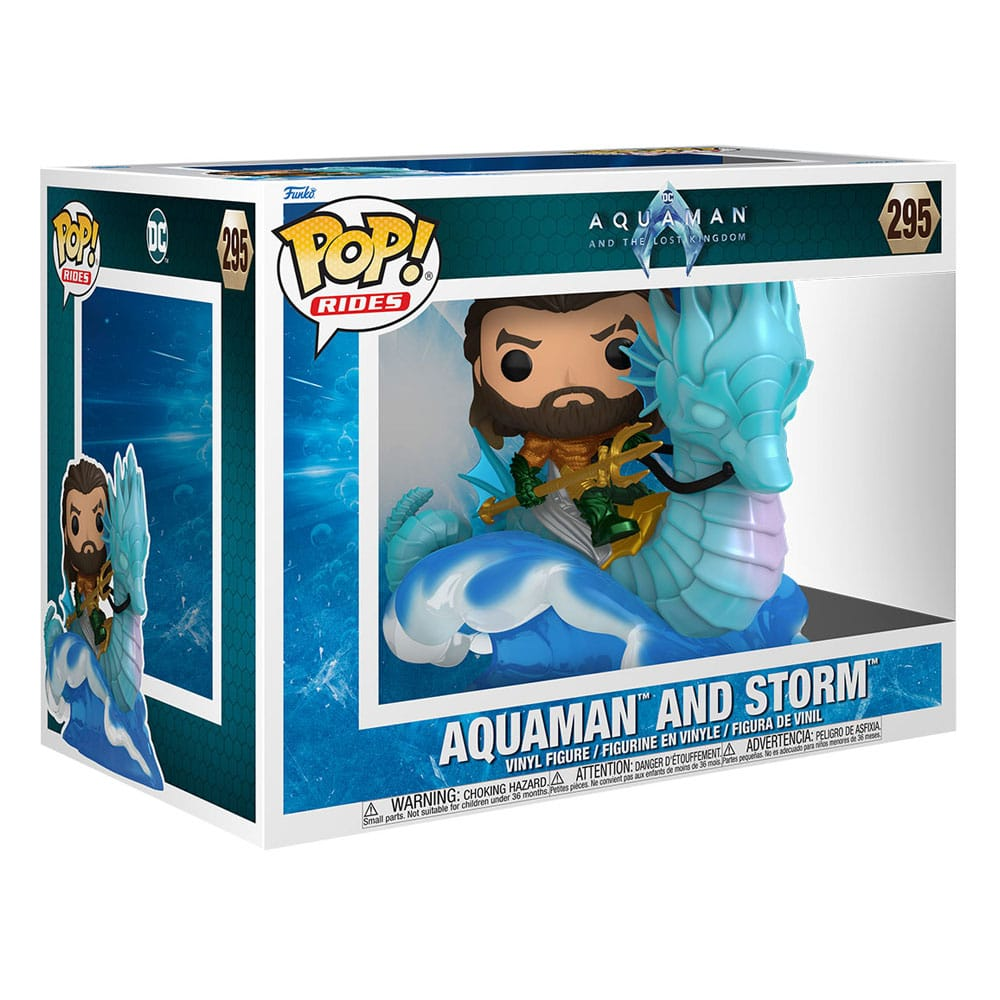 Pudełko Funko Pop z winylową figurką Aquamana i Storm na niebieskiej fali.