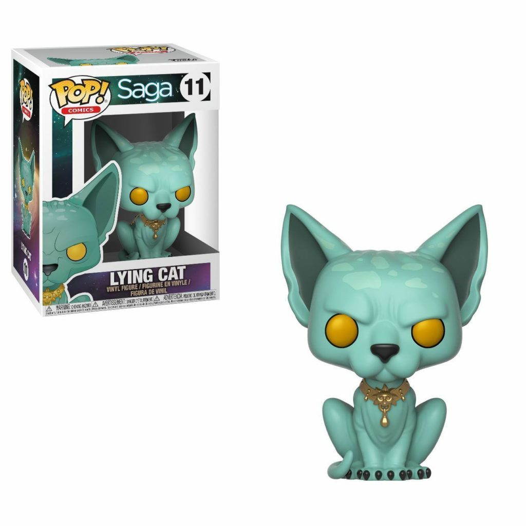 Figura de vinilo Lying Cat Funko Pop turquesa con grandes ojos amarillos y collar dorado junto a su caja original.