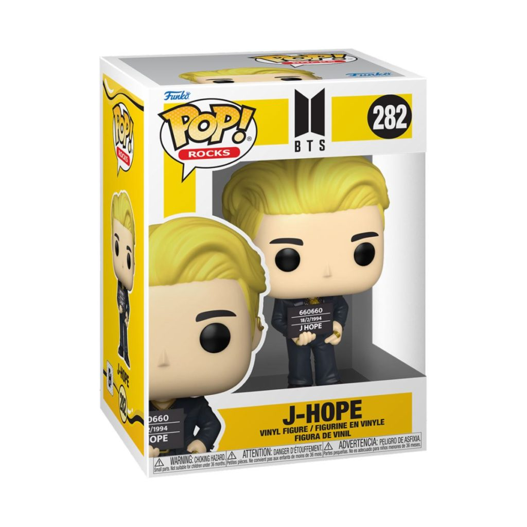 Eine Funko Pop Rocks Vinylfigur von J-Hope aus BTS in einer gelb-weißen Schachtel, Nummer 282.