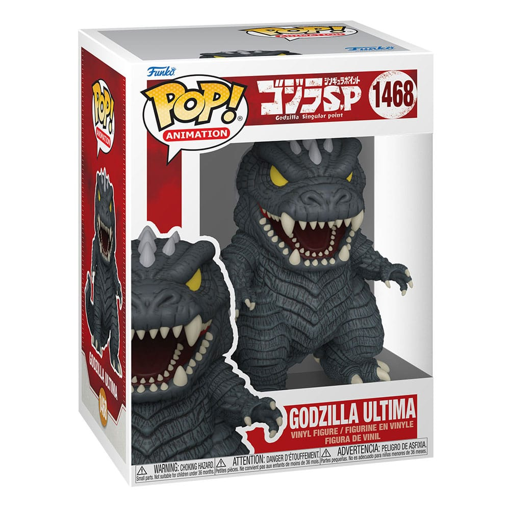 Figura de vinilo Funko Pop Animation Godzilla Ultima en su caja, mostrando el monstruo gris con espinas blancas y ojos amarillos.