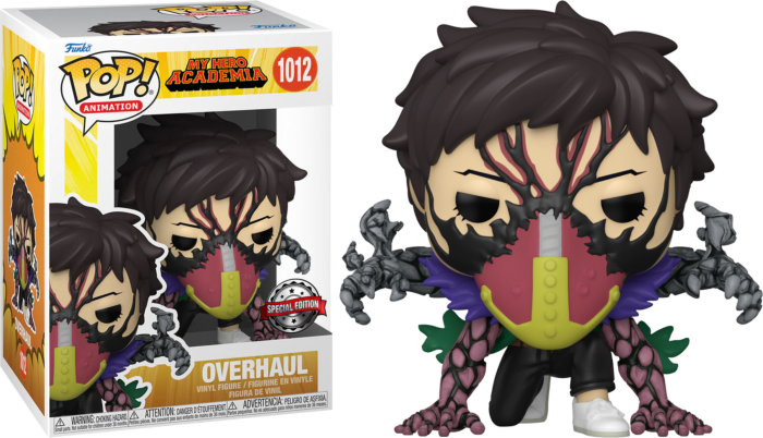 Figura Funko Pop de Overhaul de My Hero Academia con máscara y brazos alterados junto a su caja original.