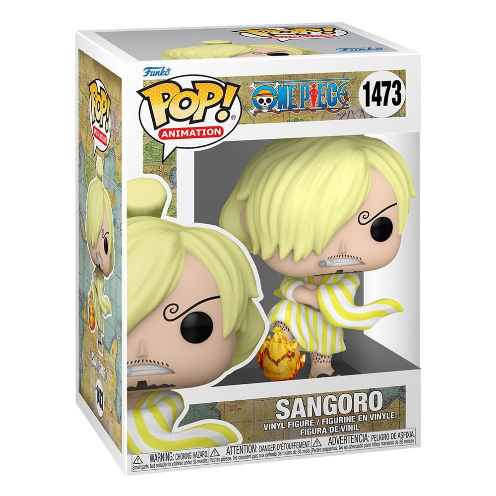 Figura Funko Pop di Sangoro da One Piece in una scatola da collezione colorata con finestra.