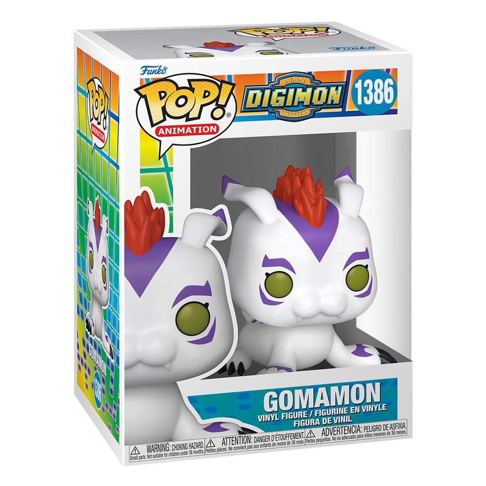 Funko Pop Digimon Gomamon Vinyl-Figur in bunter Box mit violetten und roten Details.