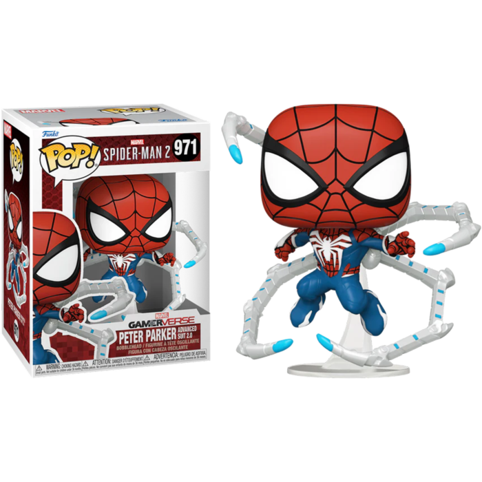 Figura Funko Pop Spider-Man 2 przedstawiająca Petera Parkera w zaawansowanym kombinezonie 2.0 z mechanicznymi ramionami.