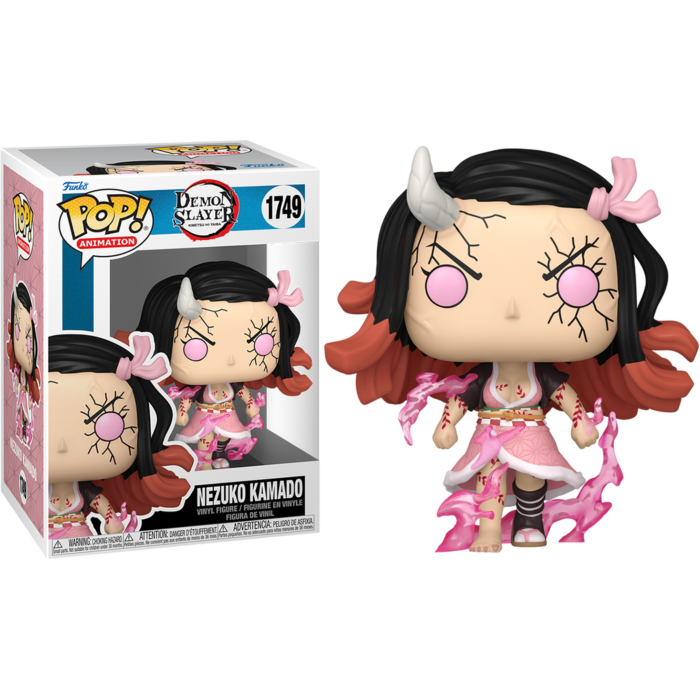 Figurine Funko Pop de Nezuko Kamado de Demon Slayer avec effets d'énergie rose et sa boîte assortie.