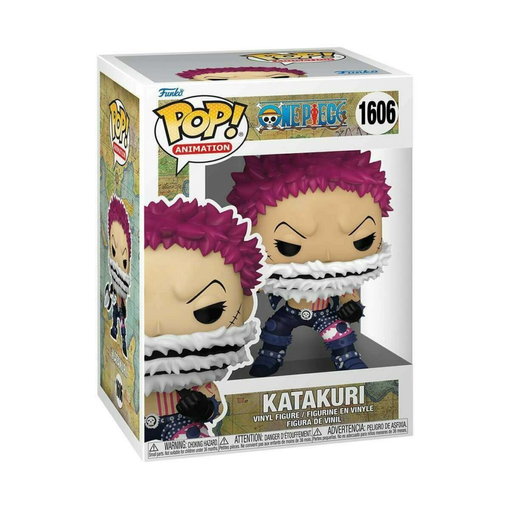 Figurine en vinyle Funko Pop Animation 1606 Katakuri dans sa boîte avec cheveux roses, écharpe et vêtements sombres.