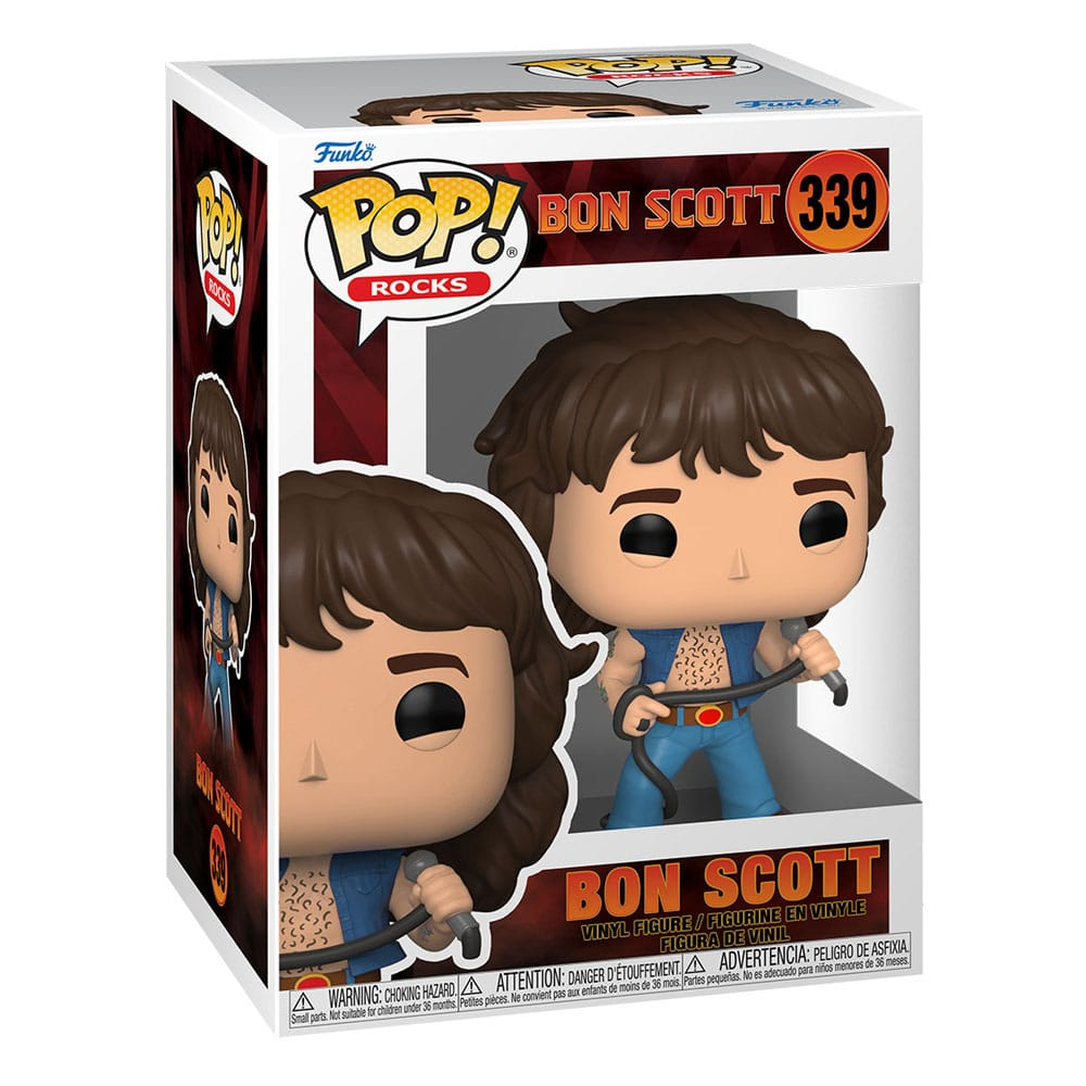 Funko Pop Vinylfigur von Bon Scott, Nummer 339, in einer Sammlerbox.