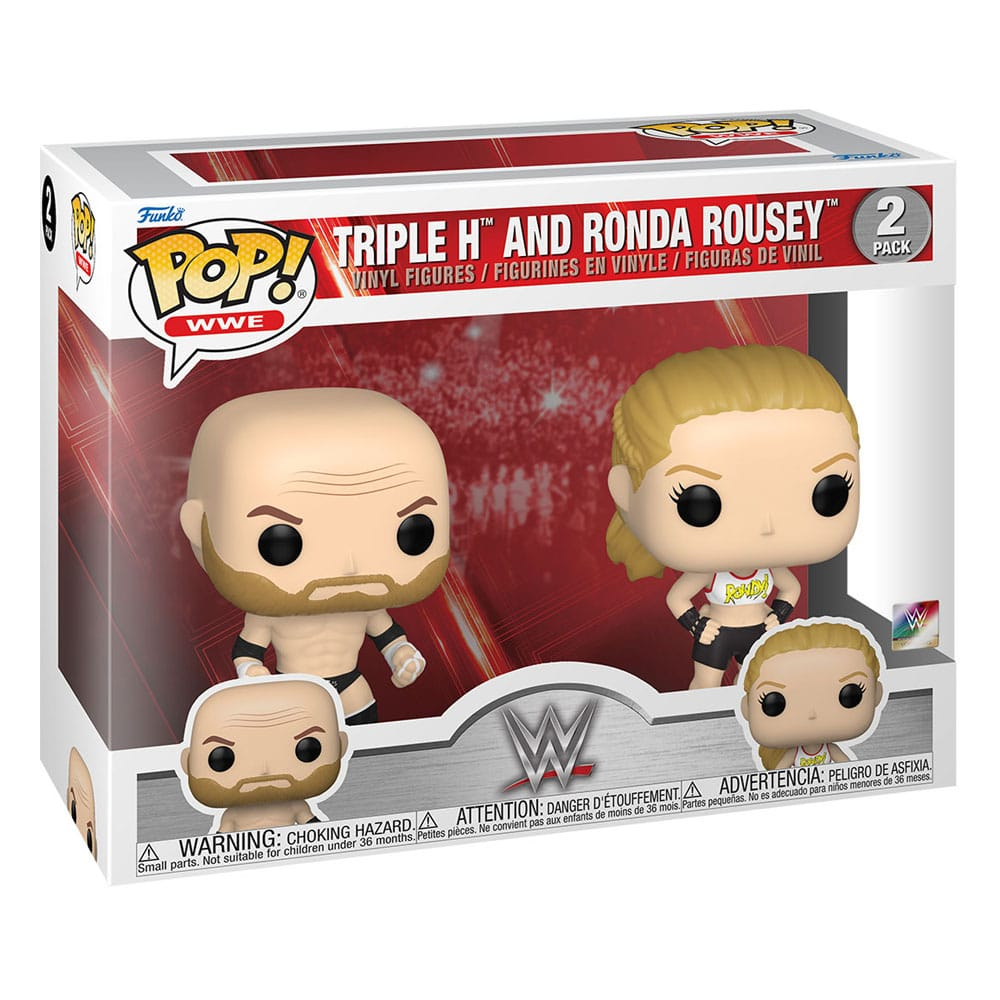 Funko Pop WWE Doppelpack mit Vinyl-Figuren von Triple H und Ronda Rousey in einer Themenbox.