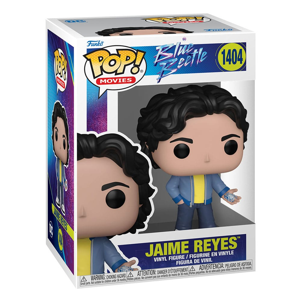 Una figura de vinilo Funko Pop de Jaime Reyes de Blue Beetle en su caja ilustrada.