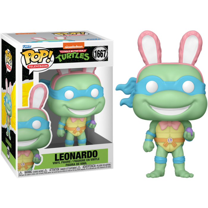 Figura Funko Pop de Leonardo de Teenage Mutant Ninja Turtles con orejas de conejo y un huevo de Pascua.