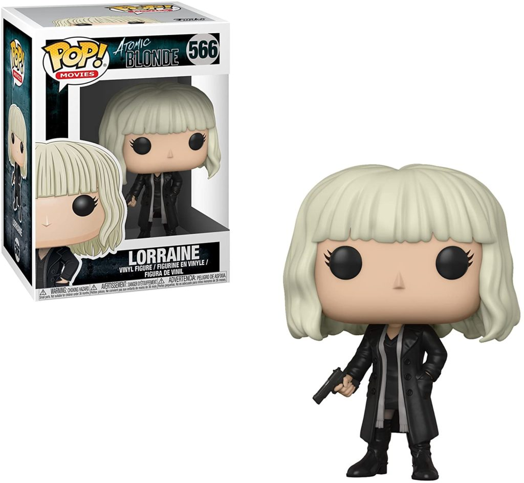 Funko Pop Vinylfigur von Lorraine aus Atomic Blonde mit blonden Haaren, schwarzem Mantel und Waffe.