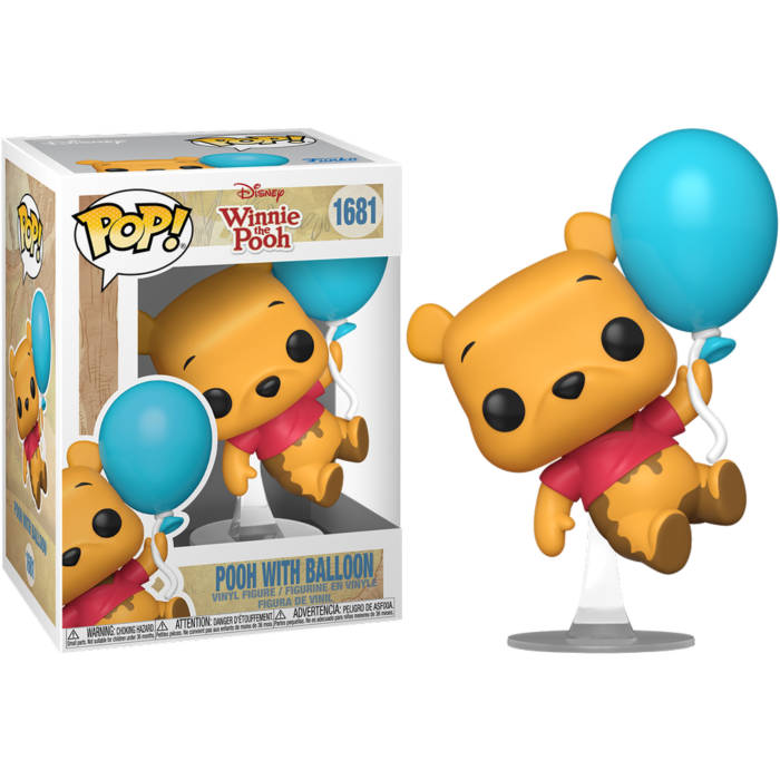 Figura Funko Pop de Winnie the Pooh con camisa roja y globo azul, junto a su caja numerada 1681.