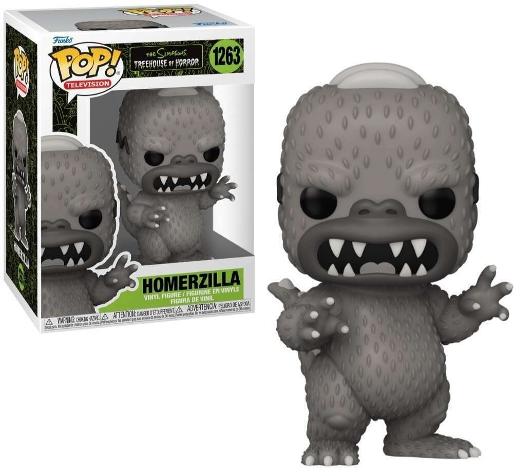 Figurine Funko Pop Homerzilla en monstre gris écailleux à côté de son emballage étiqueté.