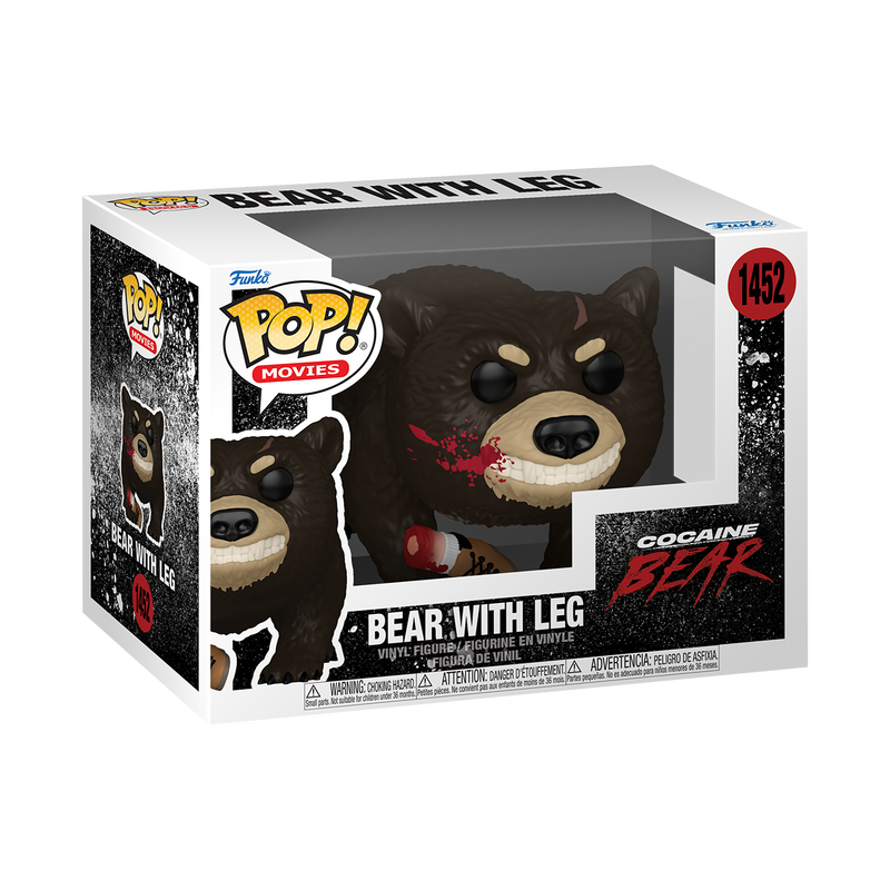 Figura Funko Pop Cocaine Bear con pierna dentro de su caja temática sobre fondo negro.