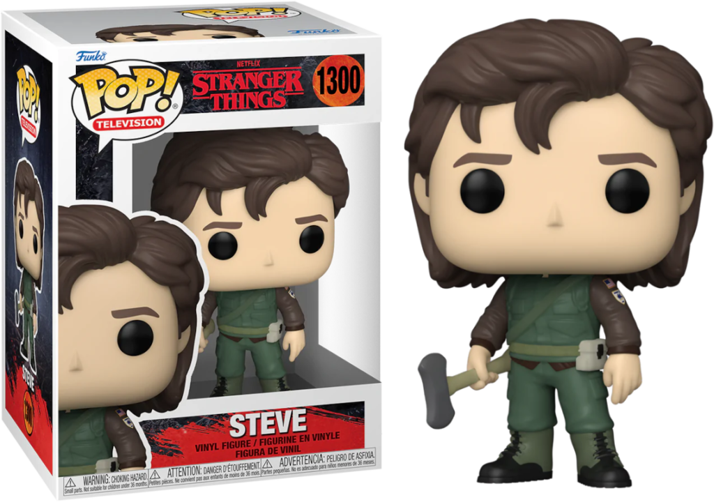 Funko Pop Figur von Steve aus Stranger Things mit Axt, in und vor der Verpackung.