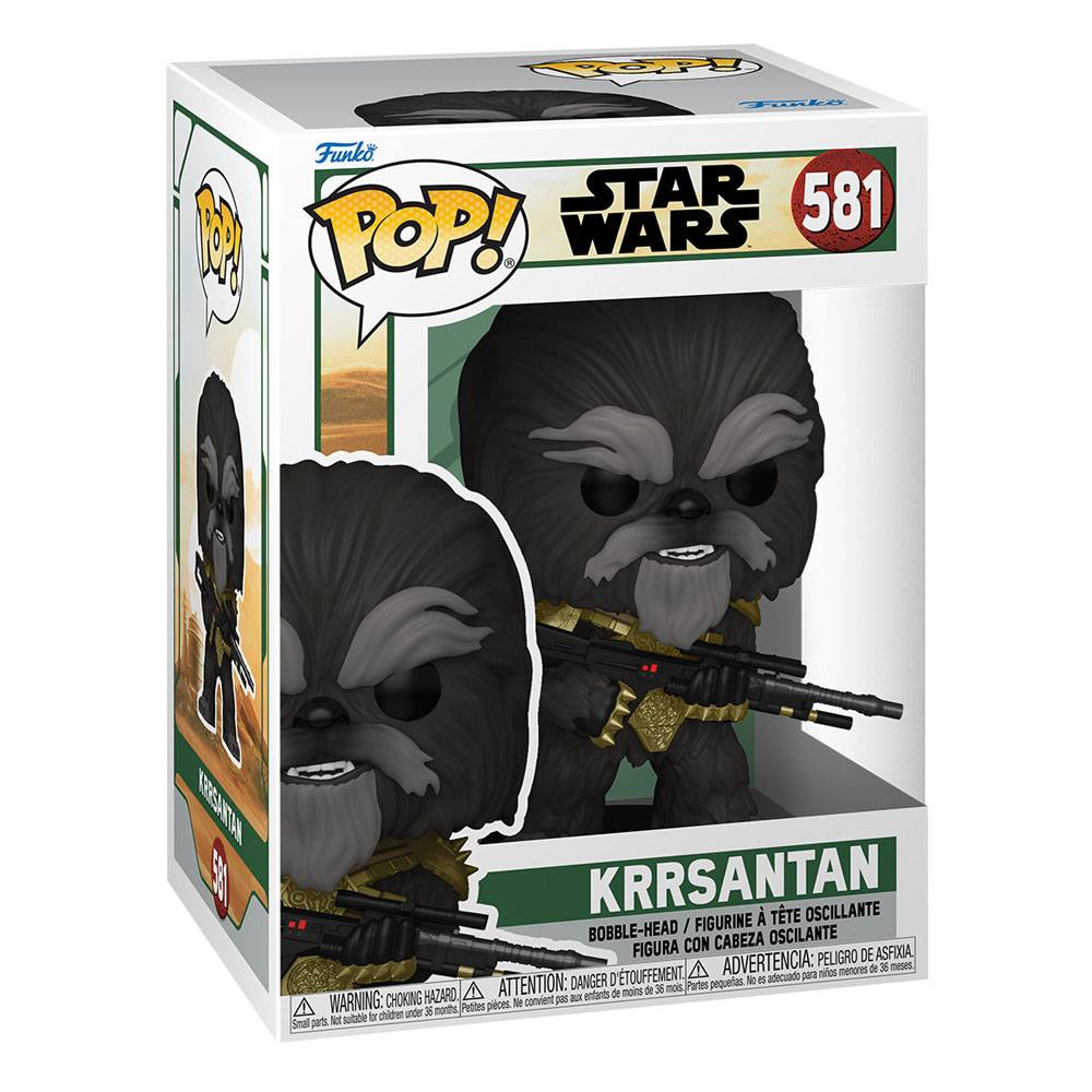 Figura Funko Pop Krrsantan in scatola di Star Wars con fucile.