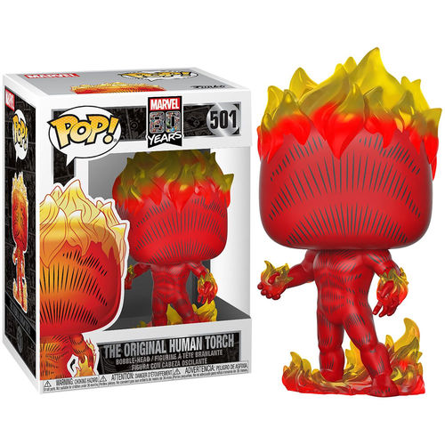 Eine rot-gelbe Funko Pop Figur der Human Torch neben ihrer Verpackung.