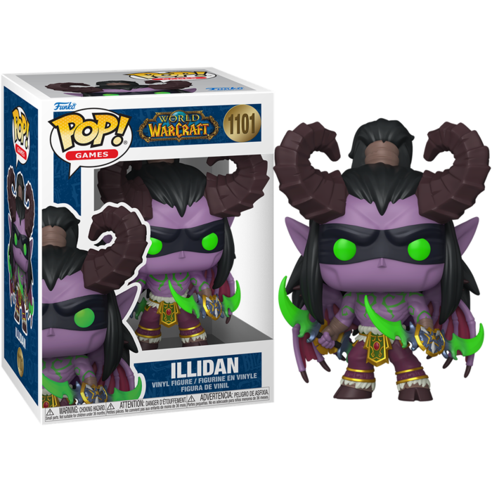 Figura de vinilo Funko Pop de Illidan de World of Warcraft fuera de su caja con ojos brillantes y cuchillas verdes.