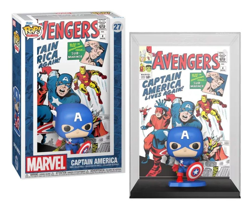 Funko Pop Comic Covers Figur von Captain America neben seiner Verpackung mit Avengers Comic-Hintergrund.