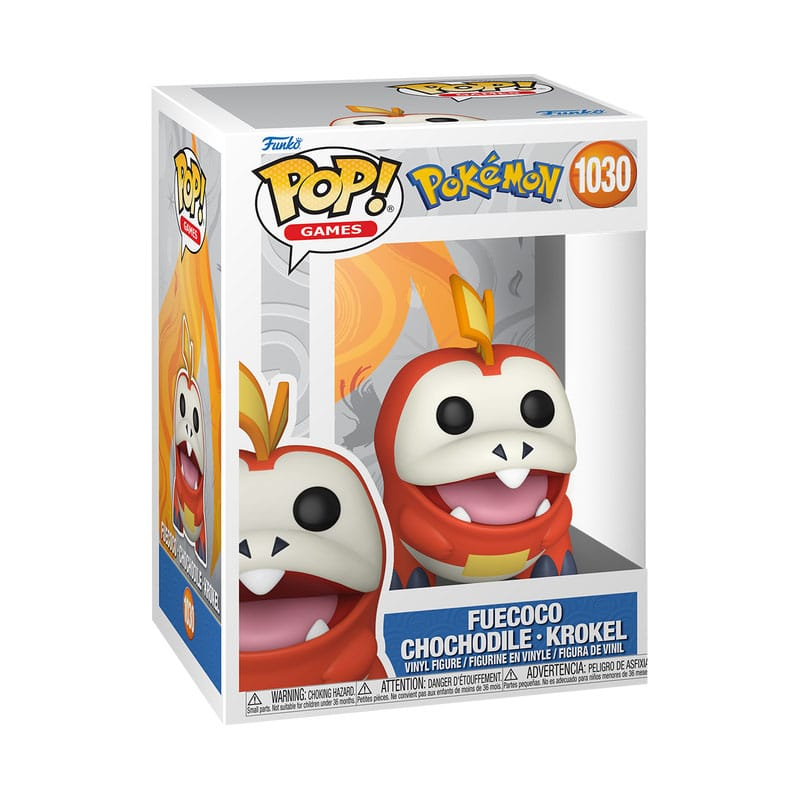 Figura de vinilo Funko Pop! Fuecoco en su caja, mostrando al personaje Pokémon rojo y blanco.