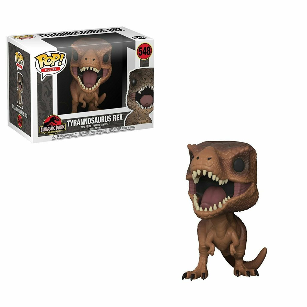 Eine Jurassic Park Tyrannosaurus Rex Funko Pop Vinyl-Figur neben der Produktverpackung.