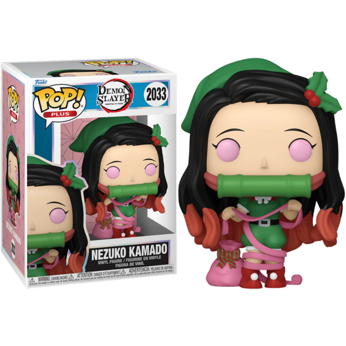 Figura Pop Plus de Nezuko Kamado con atuendo navideño al lado de su caja.