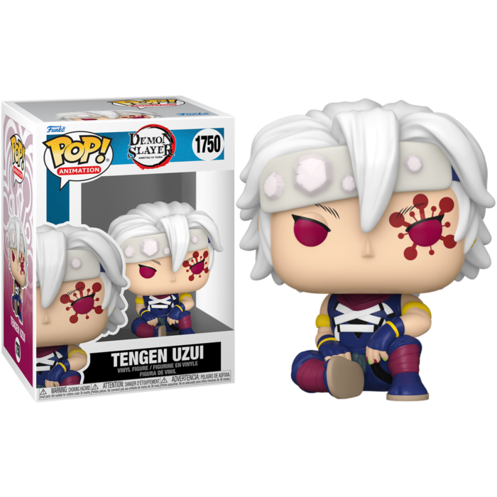 Figurine Funko Pop de Tengen Uzui avec cheveux blancs et marques faciales, assise à côté de sa boîte.