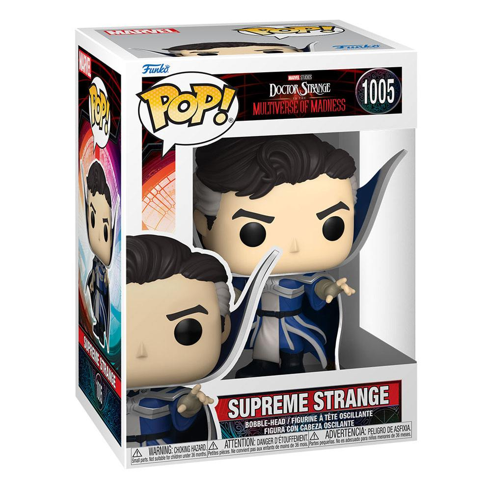 Una statuetta Funko Pop di Supreme Strange in una scatola da collezione bianca e rossa.