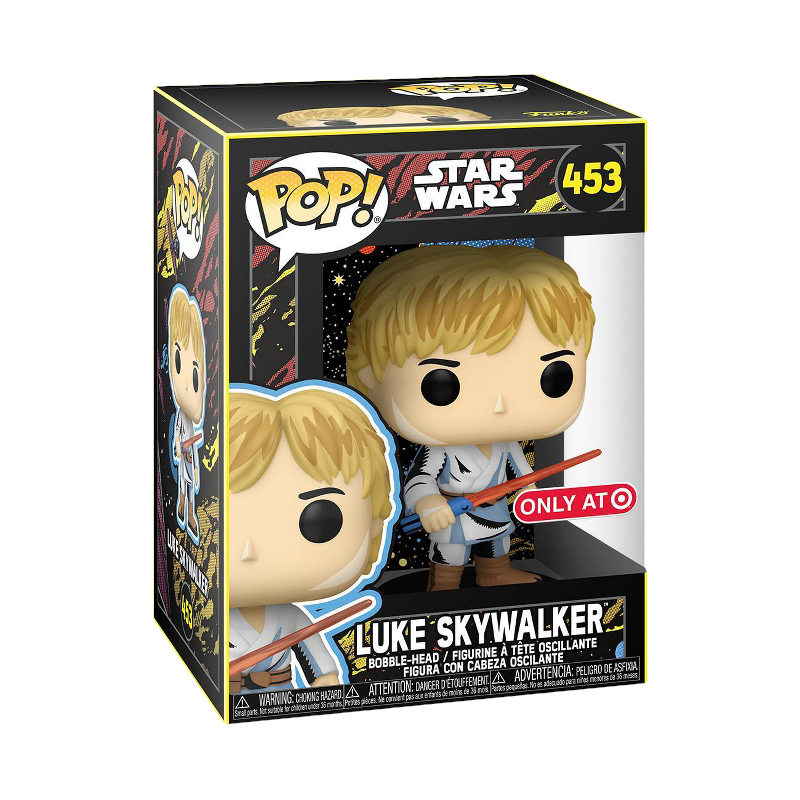 Eine verpackte Funko Pop Luke Skywalker Wackelkopf-Figur mit rotem Lichtschwert, beschriftet als Star Wars Nummer 453.