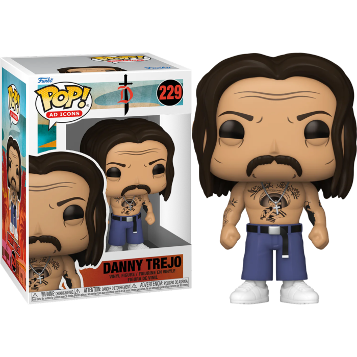 Danny Trejo Funko Pop Figur mit Box, Tattoos, blauem Hosen und Kette.