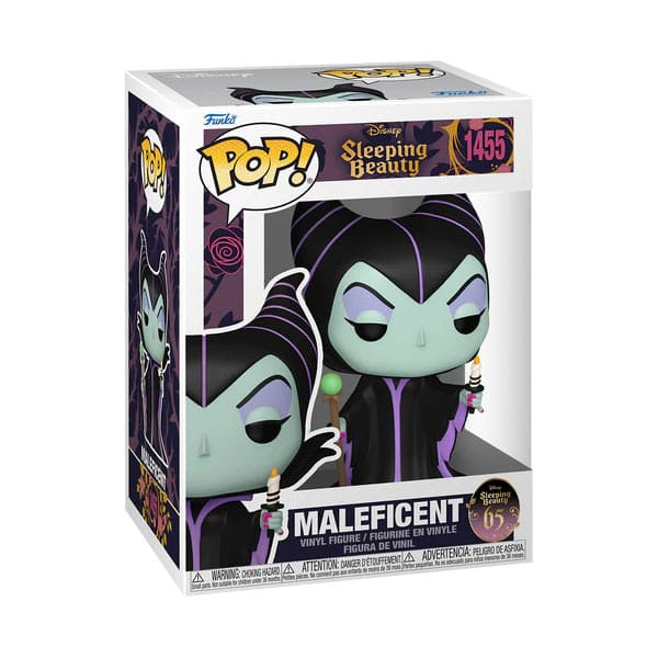 Una figura de vinilo Funko Pop de Maléfica en su caja de embalaje original de La Bella Durmiente de Disney.