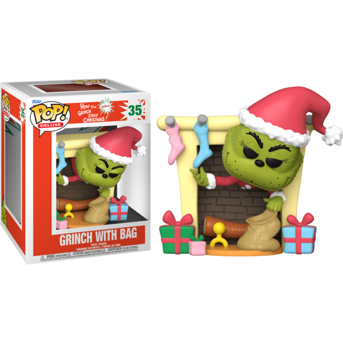 Figura Funko Pop del Grinch con bolsa junto a su caja sobre fondo negro.