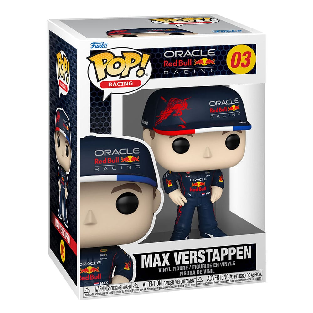 Figura winylowa Funko Pop Max Verstappen w pudelku Oracle Red Bull Racing.