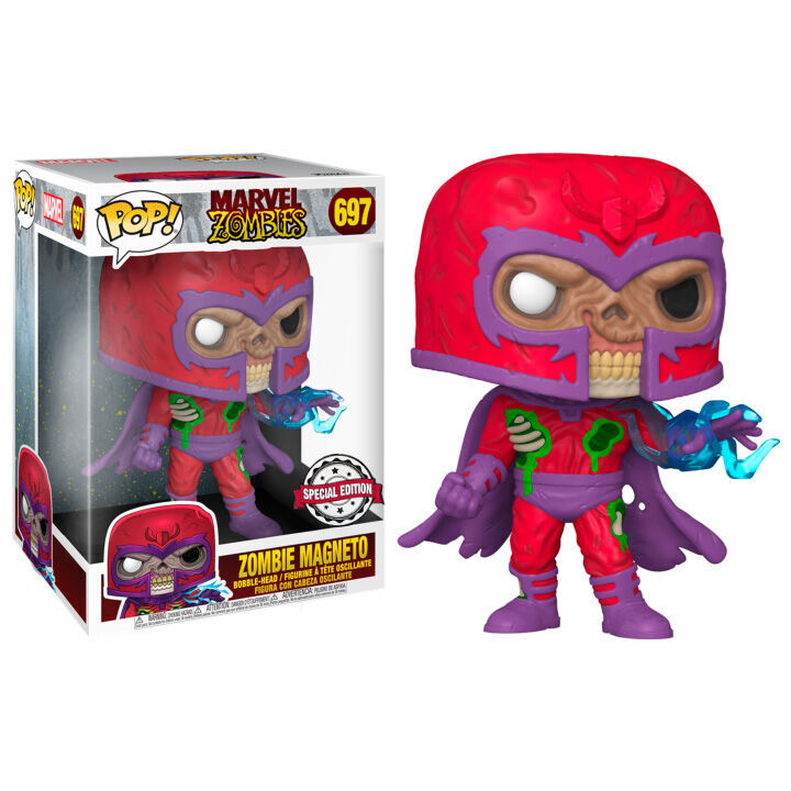 Figura Funko Pop de Zombie Magneto con casco rojo y efectos de energía azul junto a su caja.