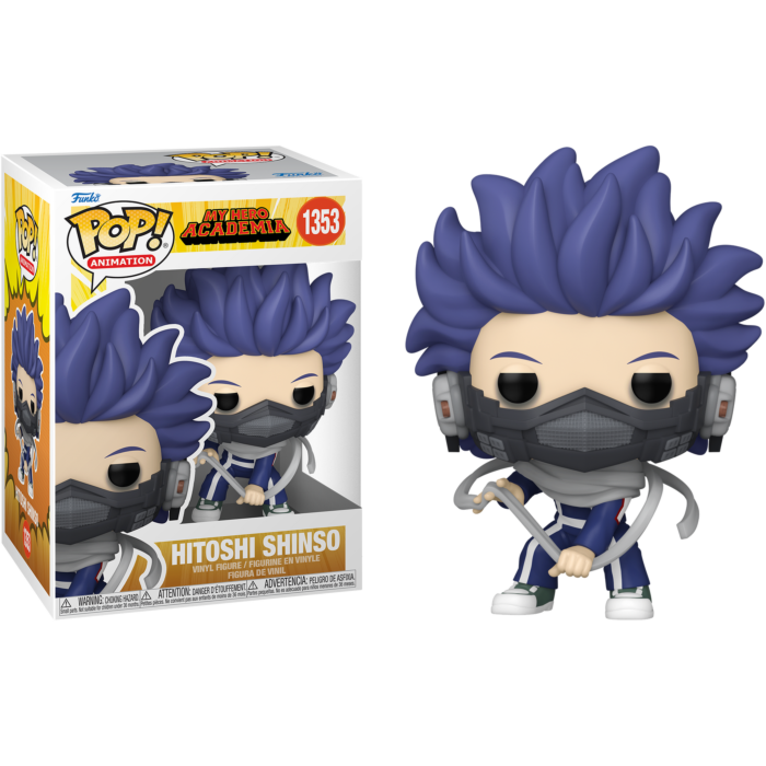 Figurine Funko Pop de Hitoshi Shinso avec des cheveux bleus et un masque, à côté de sa boîte.