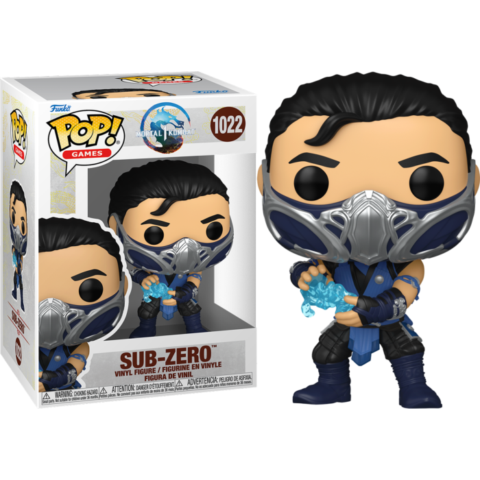 Figura in vinile Funko Pop di Sub-Zero di Mortal Kombat accanto alla sua scatola con effetto ghiaccio.