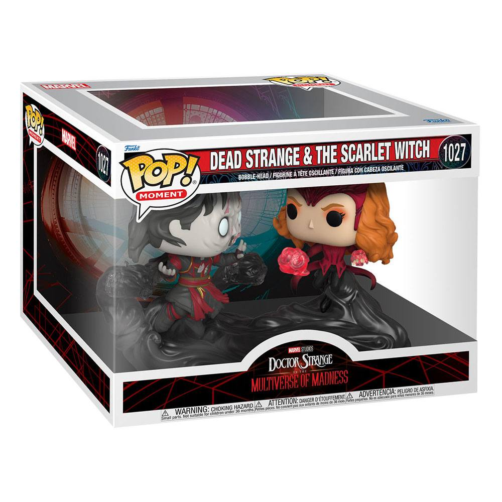 Funko Pop Box mit Dead Strange und Scarlet Witch aus Doctor Strange 2 vor rotem Hintergrund.