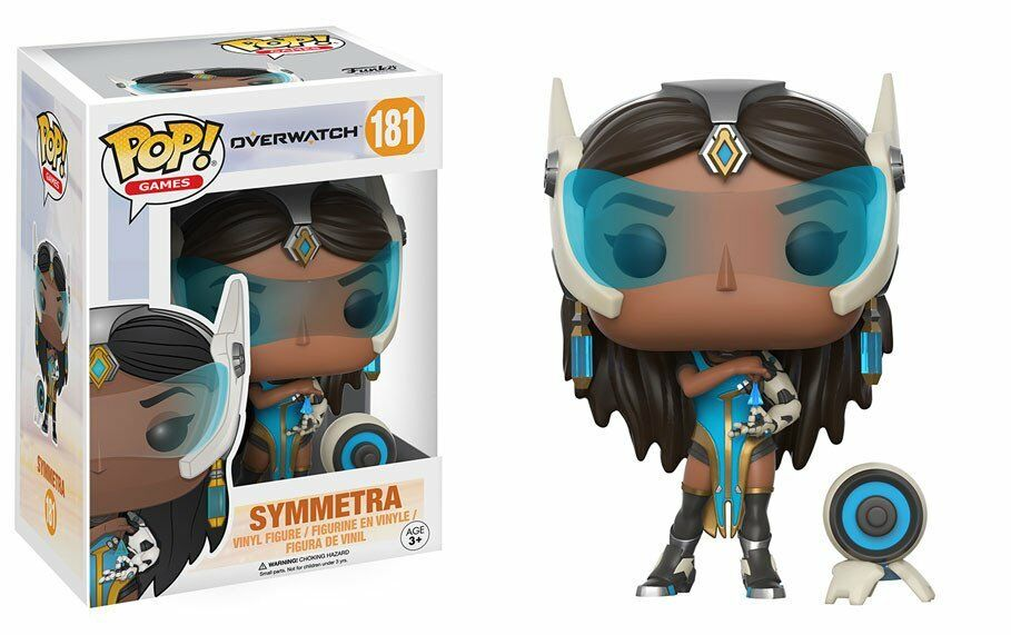 Symmetra Funko Pop Figur mit Verpackung, Overwatch 181, mit blauer Visierbrille und Turm.