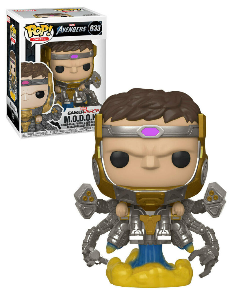 Marvel Gamerverse M.O.D.O.K. Funko Pop Figur mit Verpackung, grauer Rüstung, braunem Haar und gelber Flammenbasis.