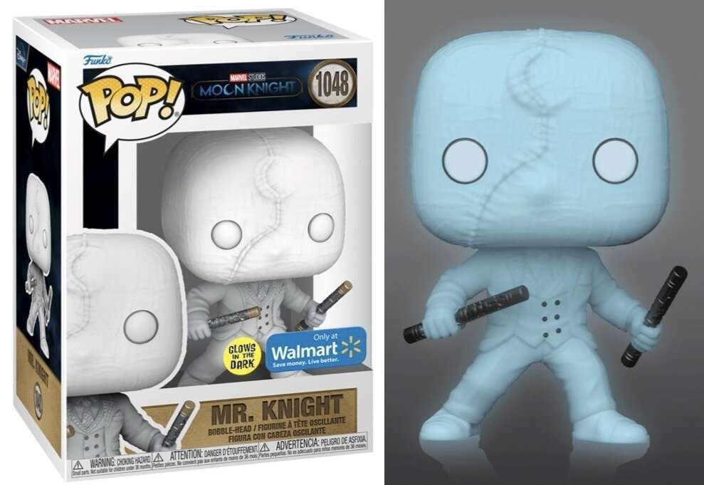 Mr. Knight Funko Pop Figur in einer Box mit Glow-in-the-Dark-Aufkleber und zwei Schlagstöcken.