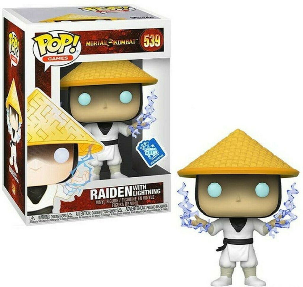 Mortal Kombat Raiden Funko Pop Figur in Box mit Blitzeffekten.