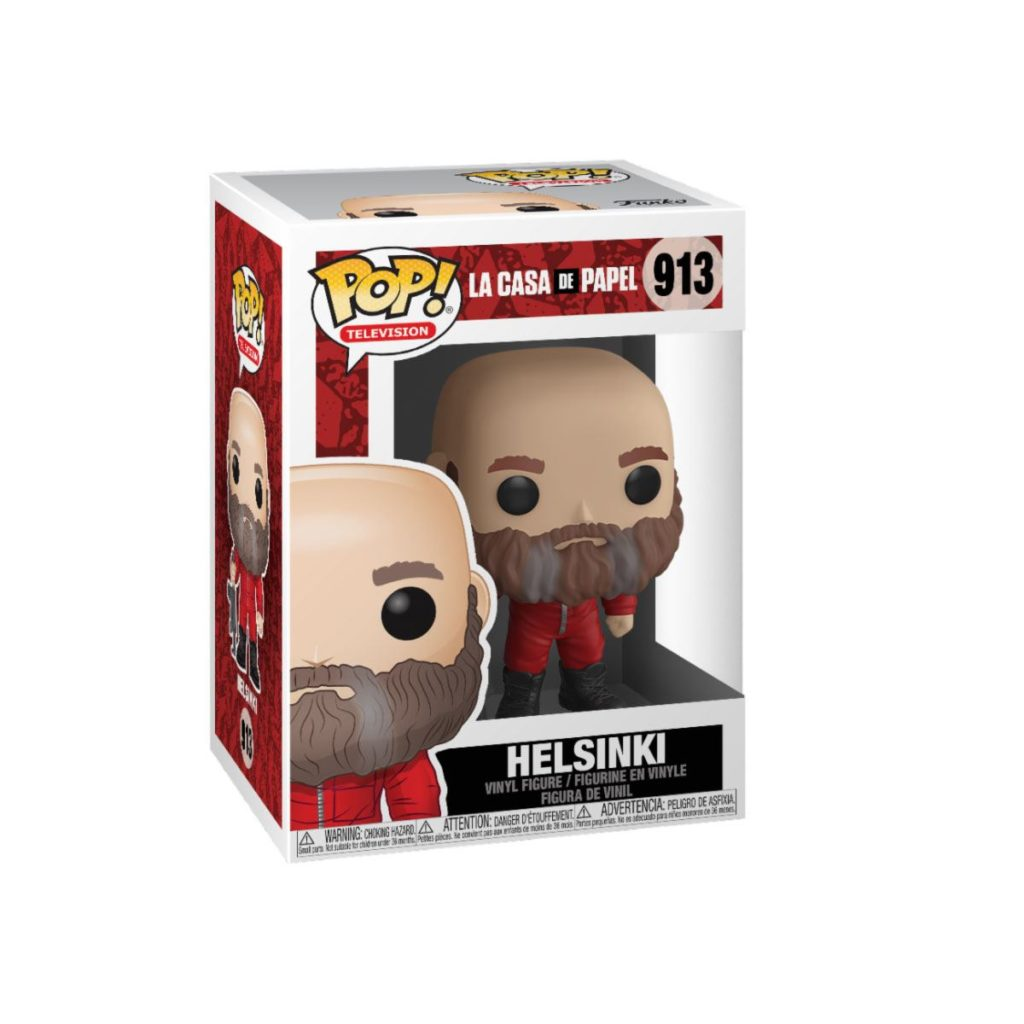 Una figure in vinile Funko Pop di Helsinki con tuta rossa e barba nella sua scatola.