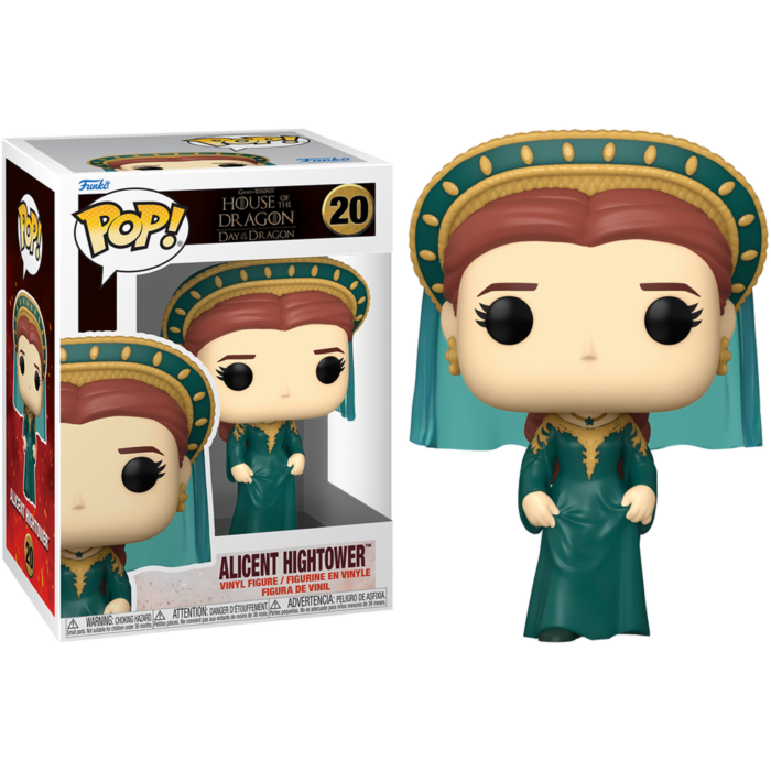 Figurine Funko Pop d'Alicent Hightower en robe verte et coiffe ornée, aux côtés de sa boîte.