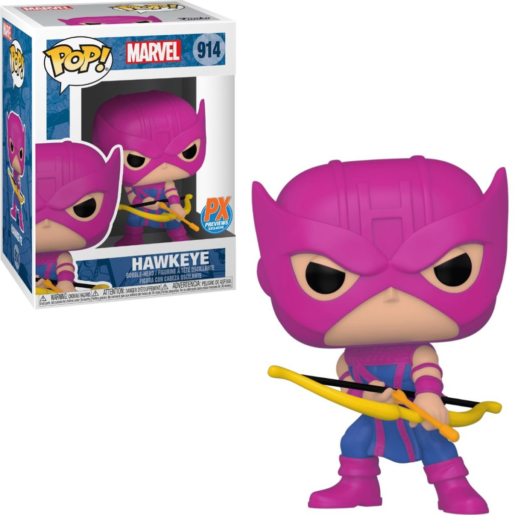 Eine Marvel Hawkeye Funko Pop Figur in Pink und Blau mit gelbem Bogen vor ihrer Verpackung.