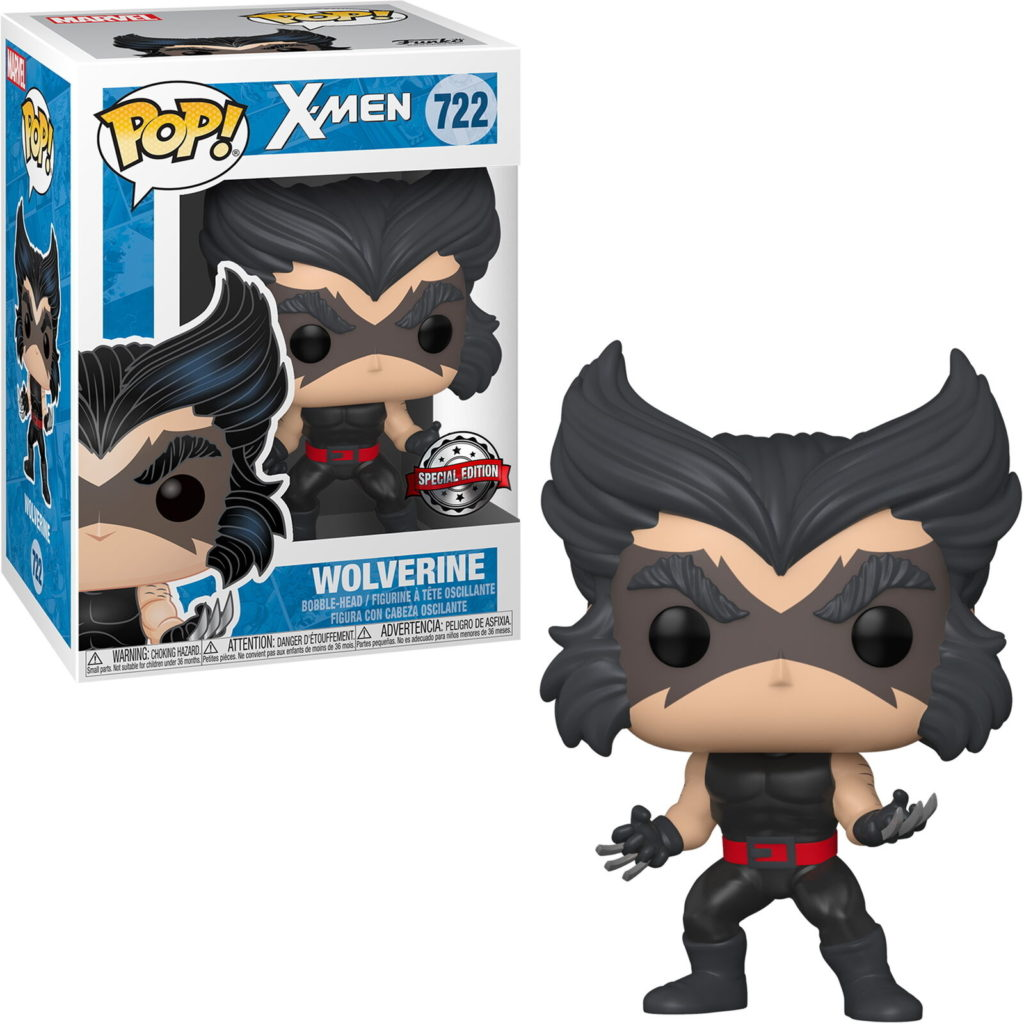 Wolverine Funko Pop Figur in schwarzem Kostüm mit Krallen, stehend neben seiner Verpackung.