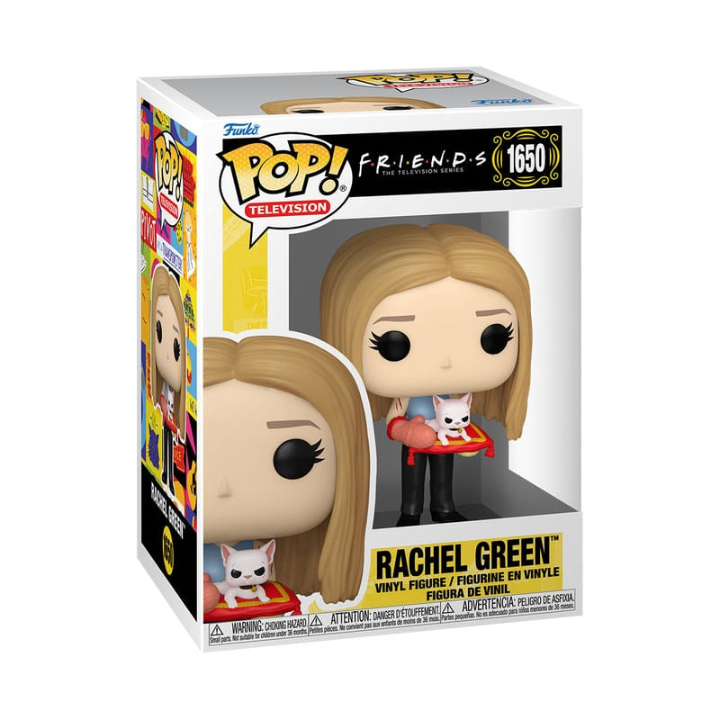 Figura de vinilo Funko Pop Rachel Green de Friends, sosteniendo un gato blanco pequeño en un cojín rojo.