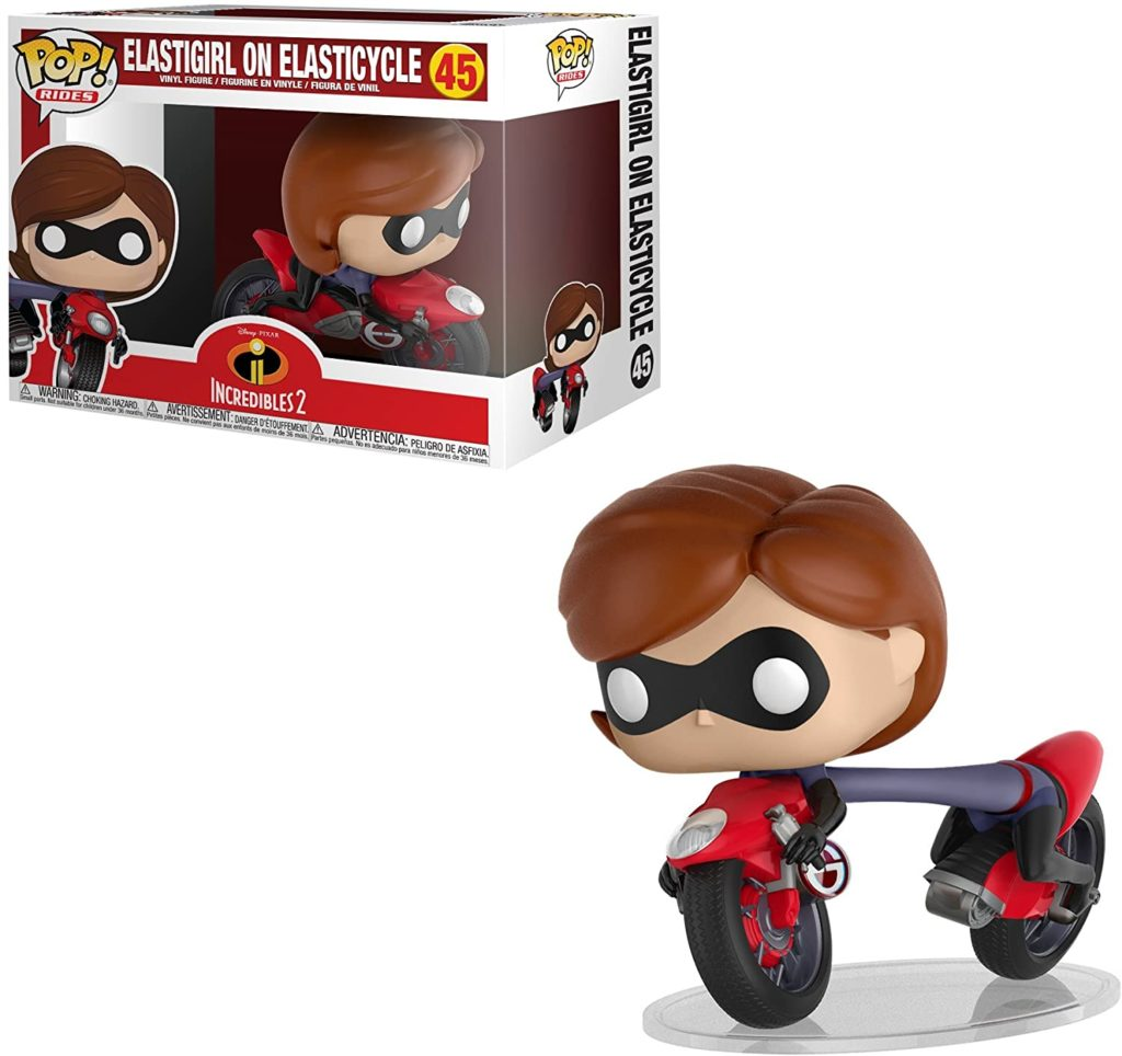 Funko Pop Elastigirl Vinylfigur auf ihrem roten Elasticycle mit Verpackung.