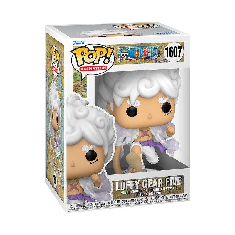 Figura de vinilo Funko Pop Animation de Luffy Gear Five de One Piece en su caja.