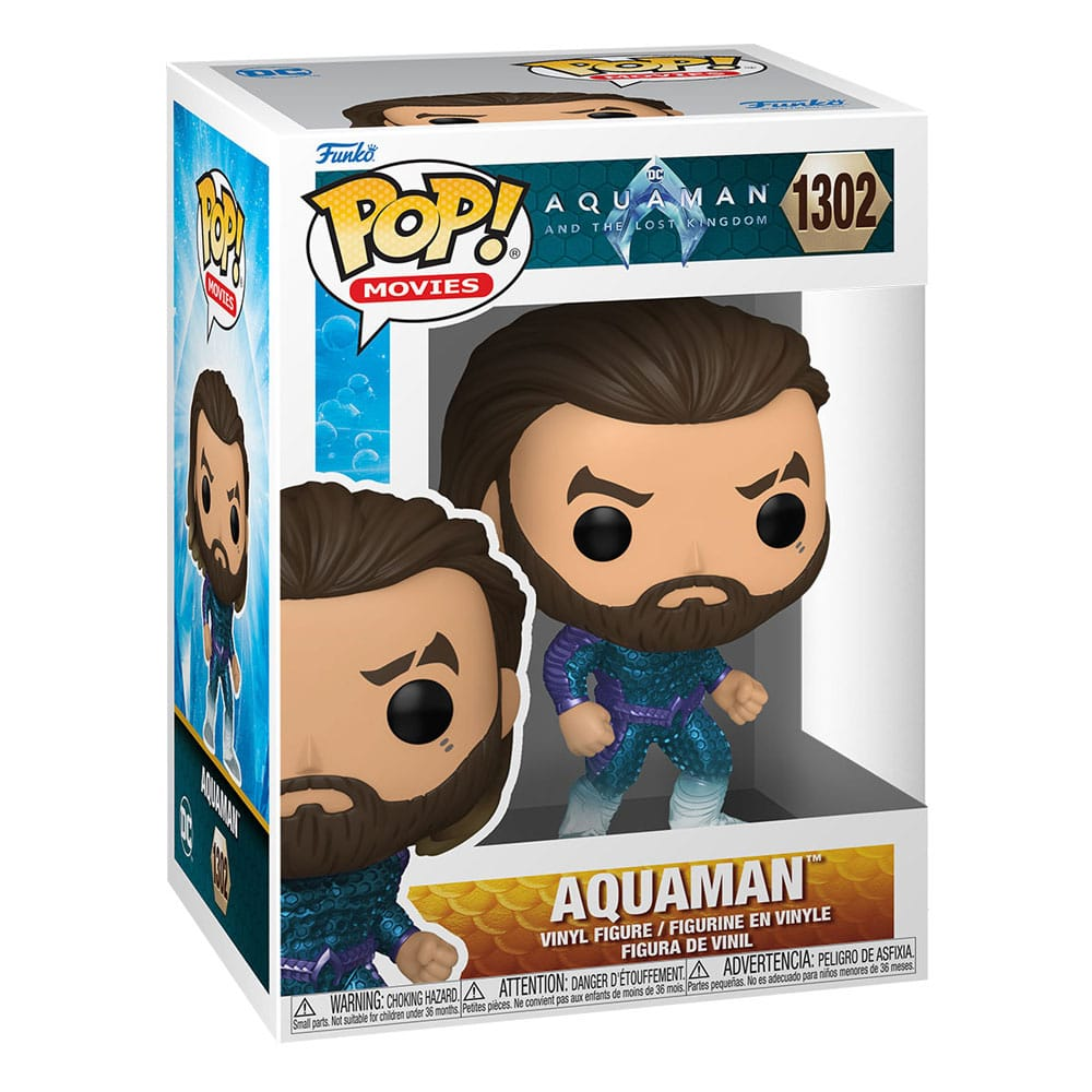 Figura de vinilo Funko Pop de Aquaman en su caja, con cabello castaño, barba y traje azul.