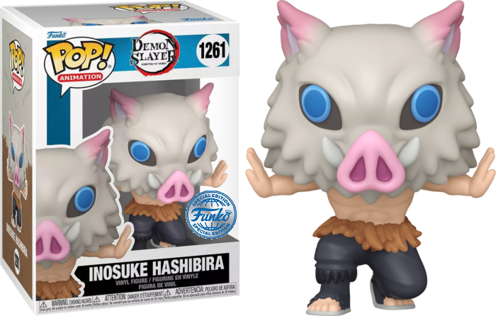 Figura Funko Pop de Inosuke Hashibira con cabeza de jabalí, ojos azules y pantalones de piel junto a su caja.